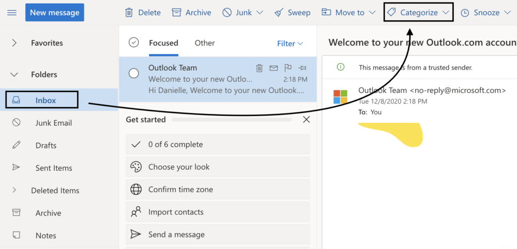 How to create and use categories in Outlook 365 web app step 1
