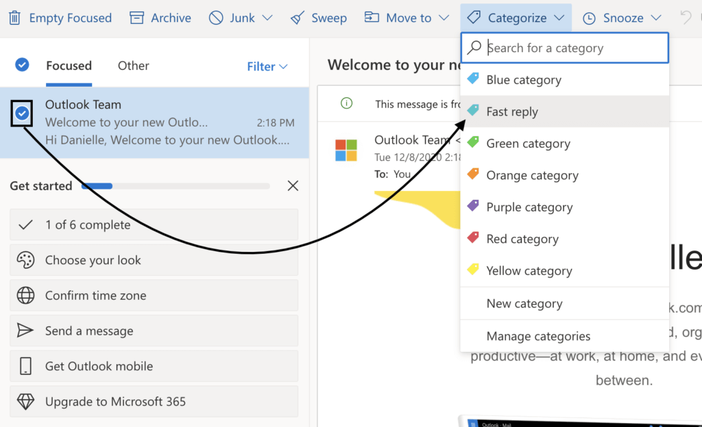 How to create categories in Outlook step 7 apply category to email