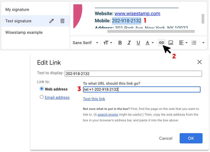 Add a hyper link to Gmail signature