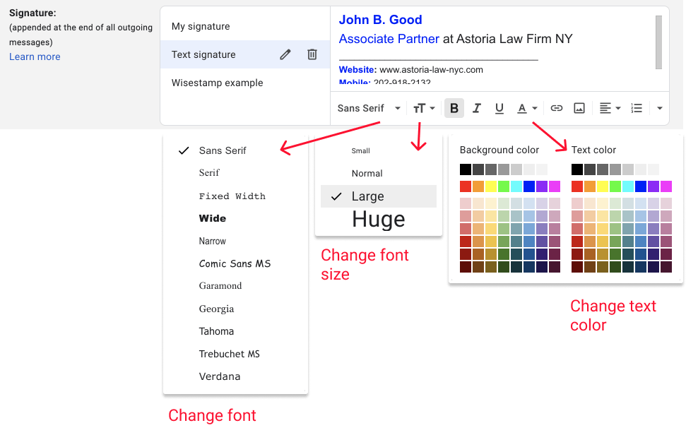 Edit Gmail signature - change font size, font color and font type 2