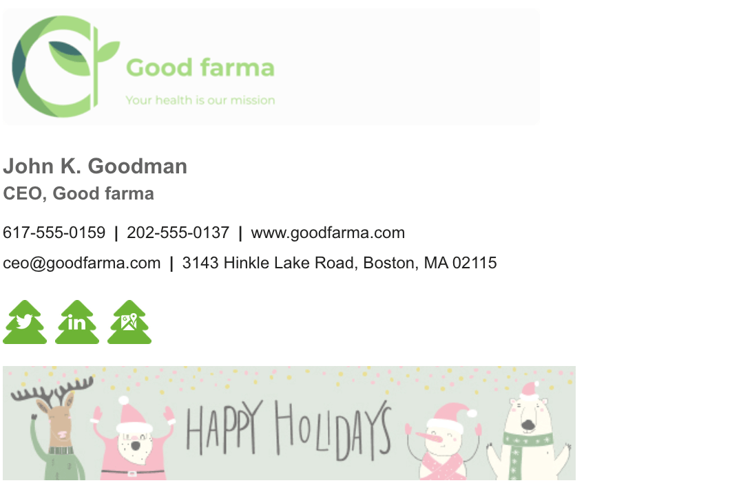 branded holiday email signature with christmas social media icons and banner