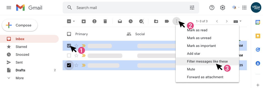 Filter out and auto-delete Promotions emails in Gmail - step 1-3