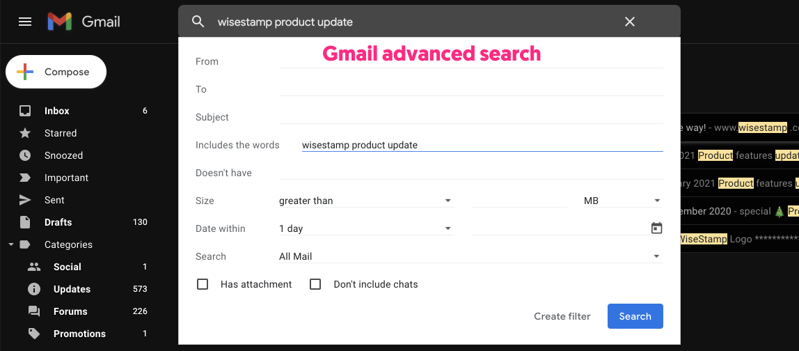 Gmail advanced search panel