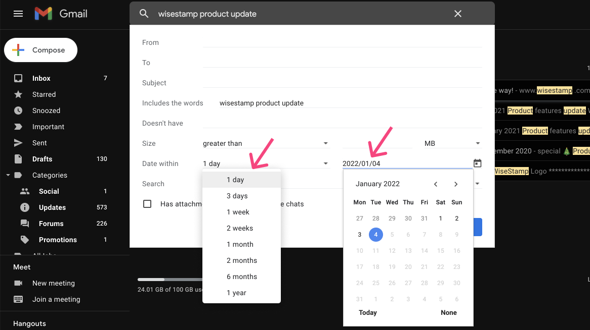 how to search year wise mail in gmail