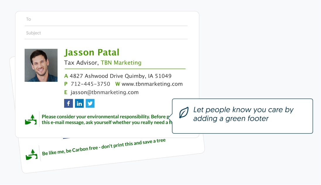 personal email signature example with green footer