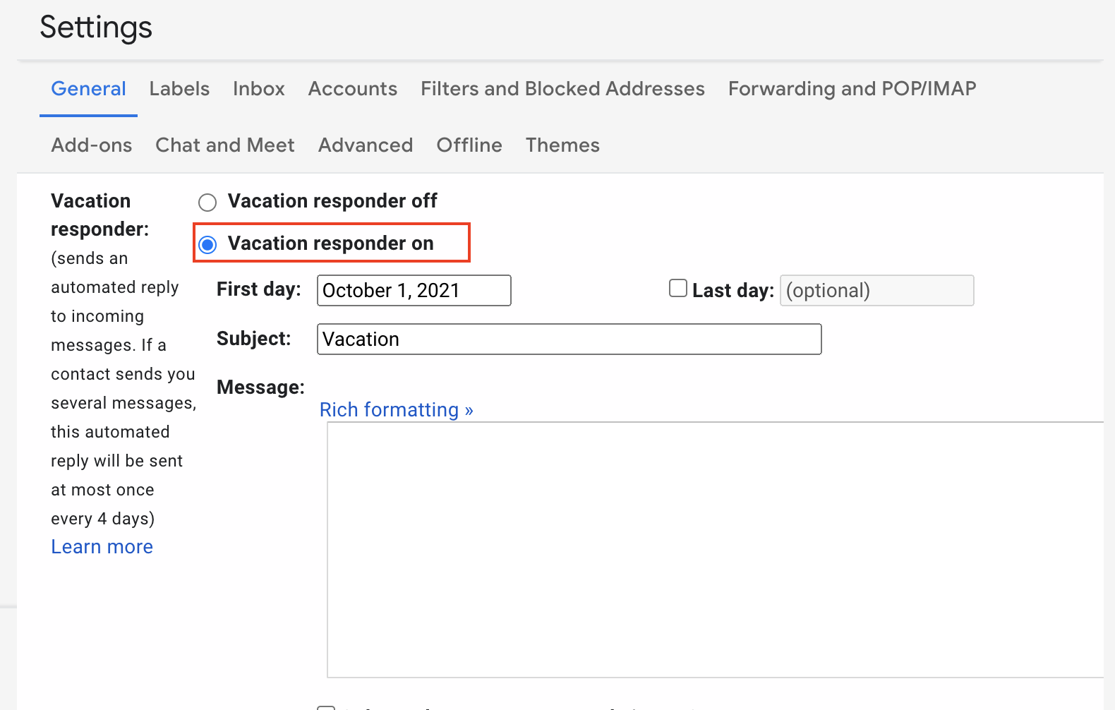 2. You’ll have the option to turn the Vacation Responder setting on and edit your auto-reply message