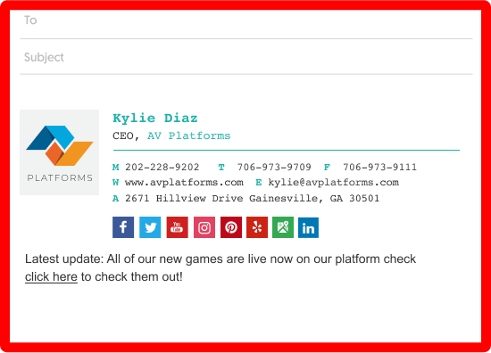 Bad social media icons email signature example - dont do