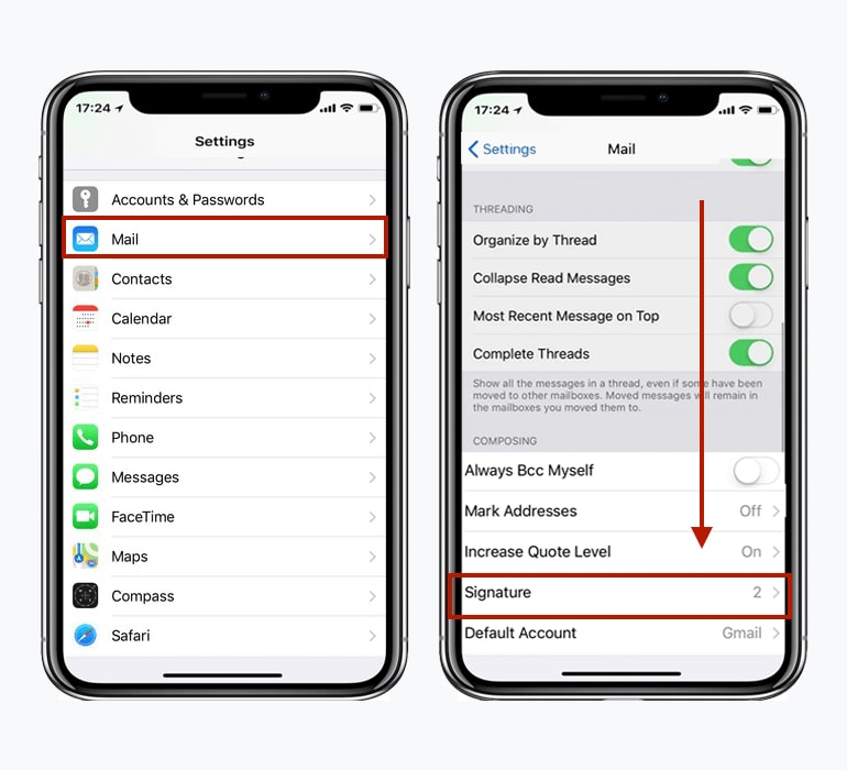 how to add email signature on iphone - Step 2 and 3 - open signature settings