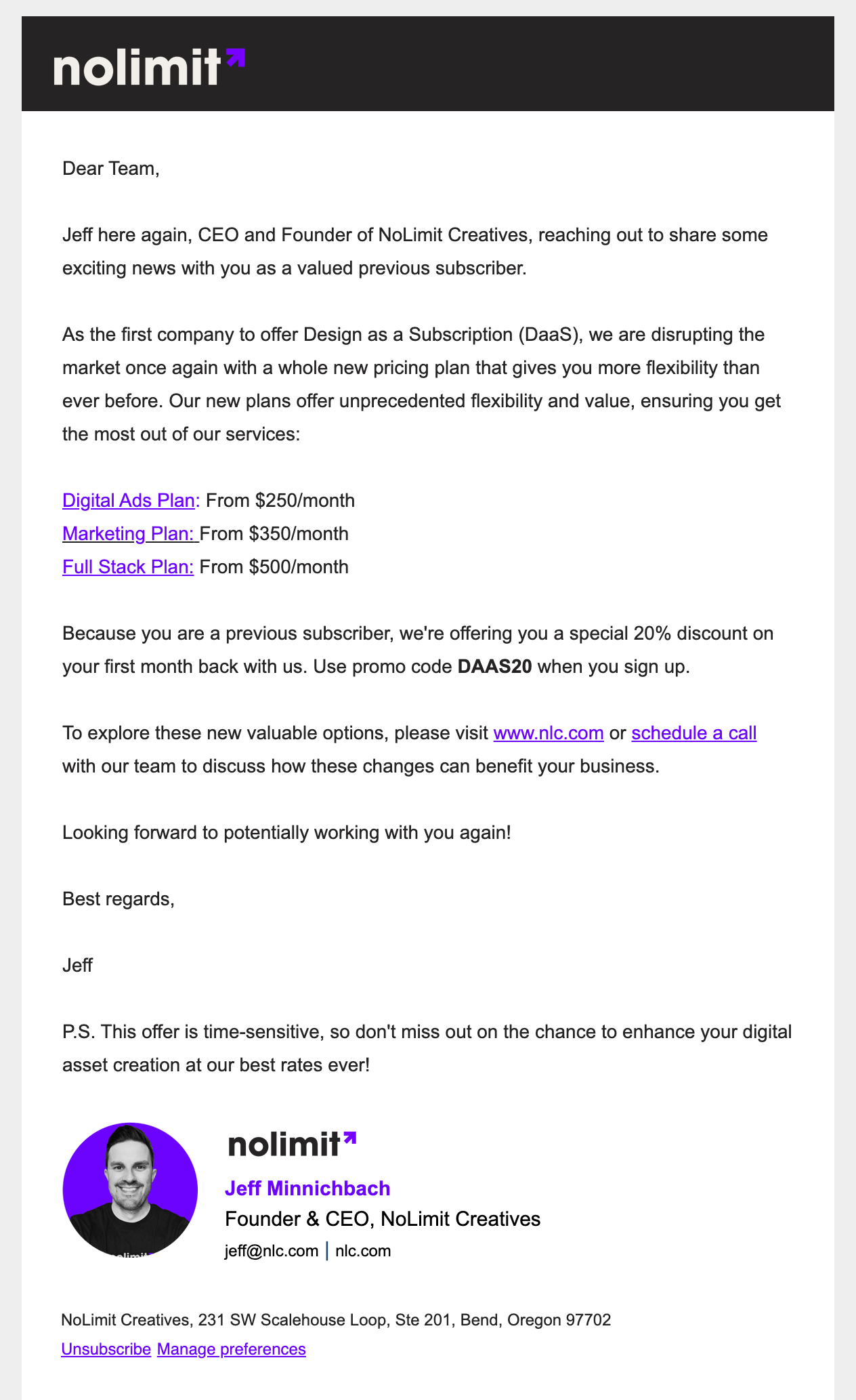 NoLimit Creatives email example