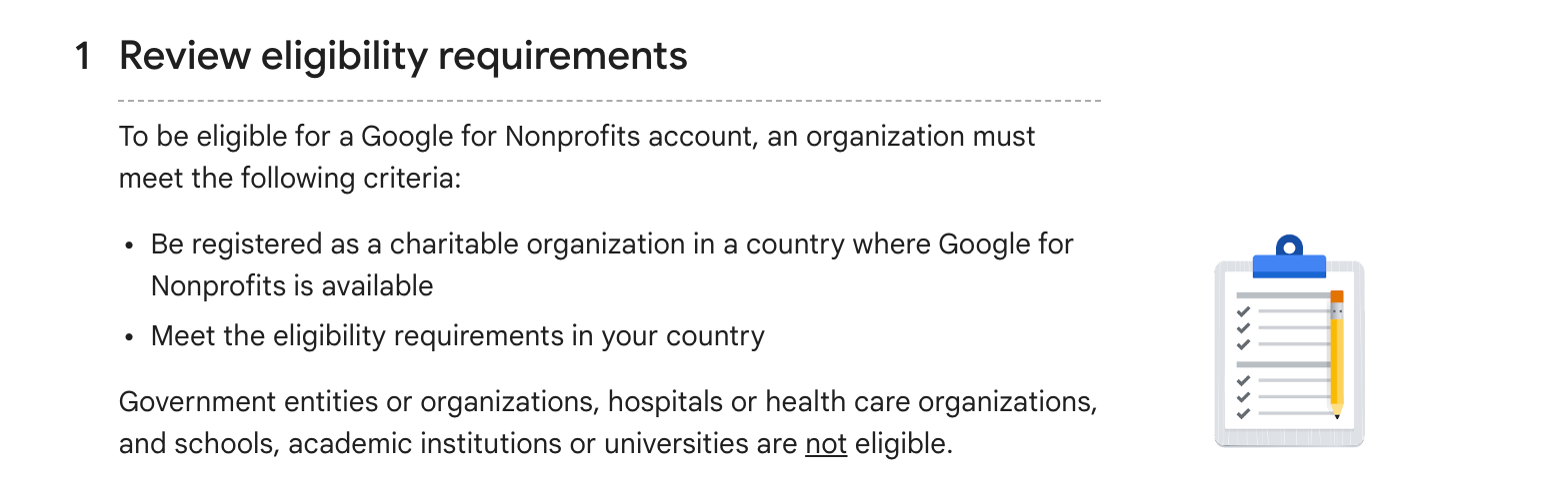 eligibility requirements for google for non profits