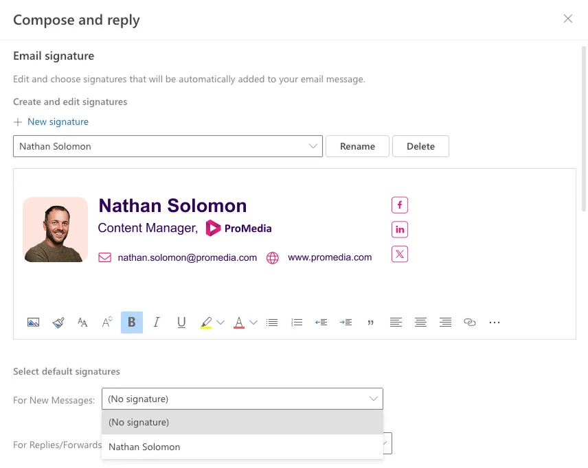 step 4 - set your outlook signature as default and more options
