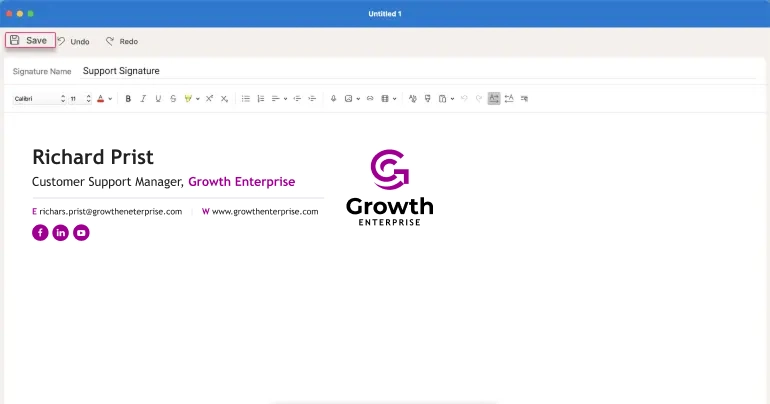 Copy and Paste your pre-designed signature and click save