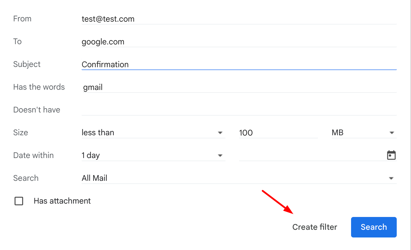 click create filter for your gmail template