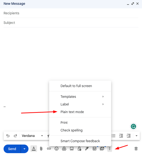 Compose in plain text mode in Gmail example