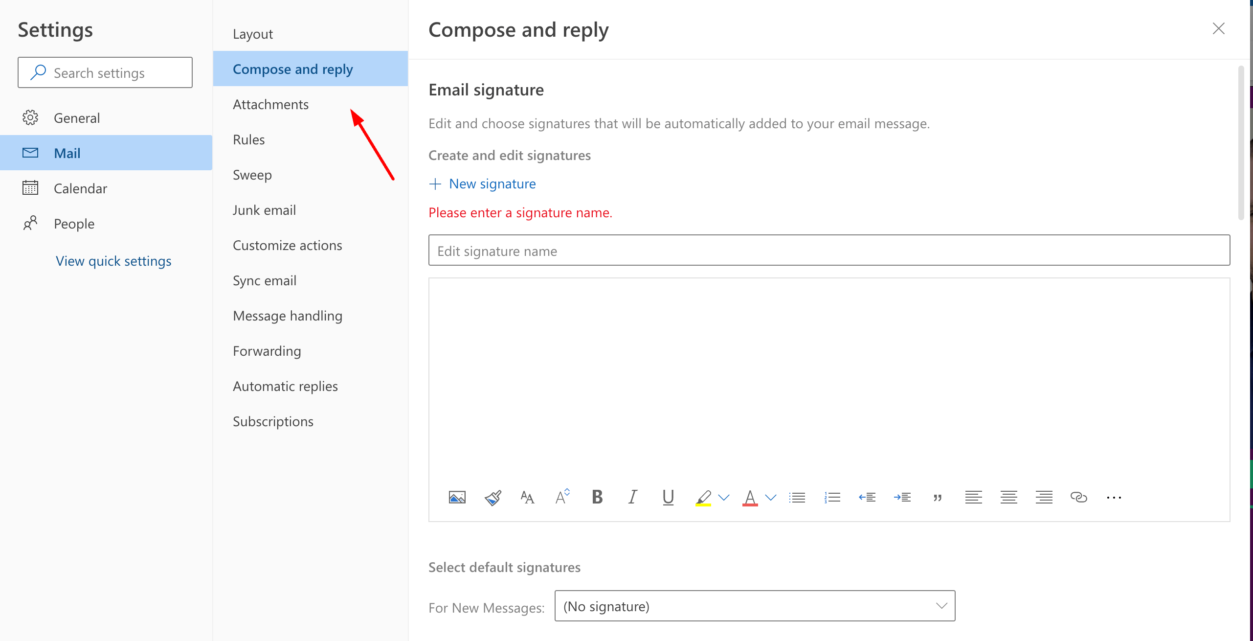 compose and reply email signature window on outlook.com