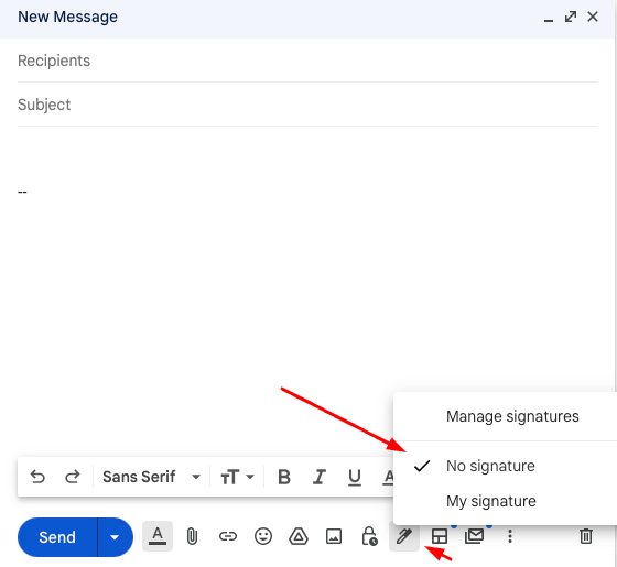 Gmail signature settings is set to no signature