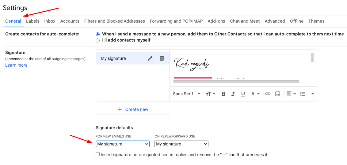 Gmail signature settings area