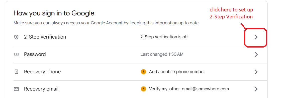 click to set up 2 step verification for Gmail