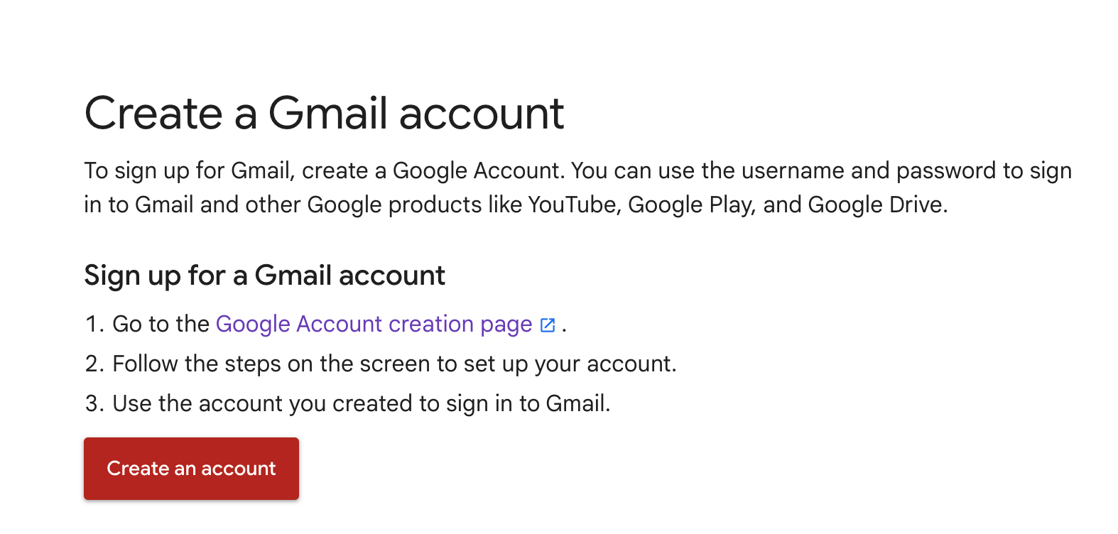 google account creation page