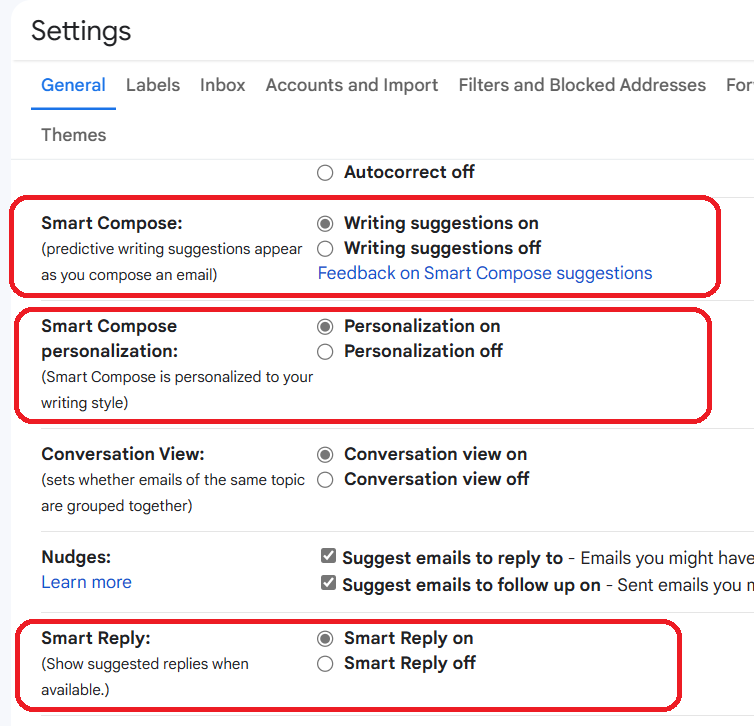 Smart Compose and Smart Reply settings