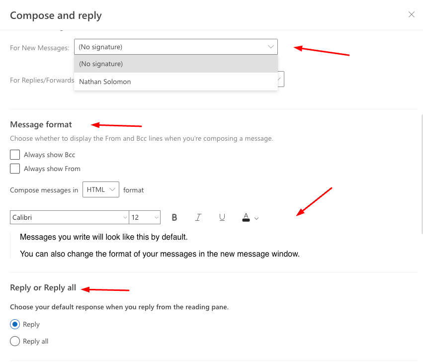 step 4 - set your outlook signature as default and more options