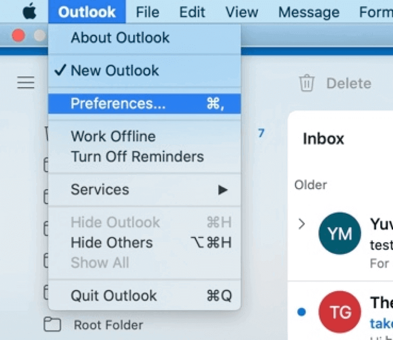 Ouvrez Outlook pour Mac et accédez au menu des outils, puis cliquez sur Préférences