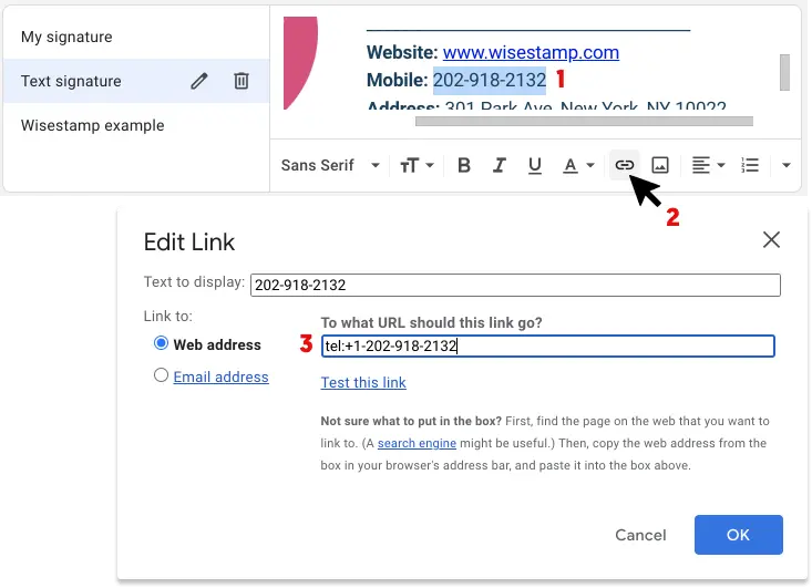 STEP 7 Add a hyperlink to your Gmail signature