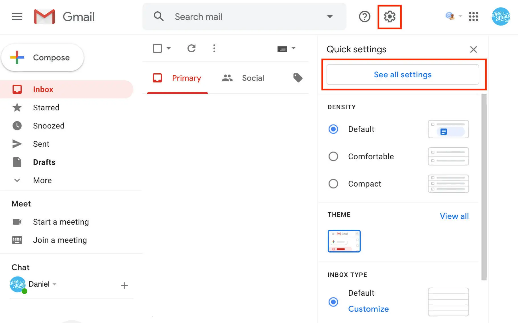 Add email signature in Gmail - Step 1 - open Gmail Settings