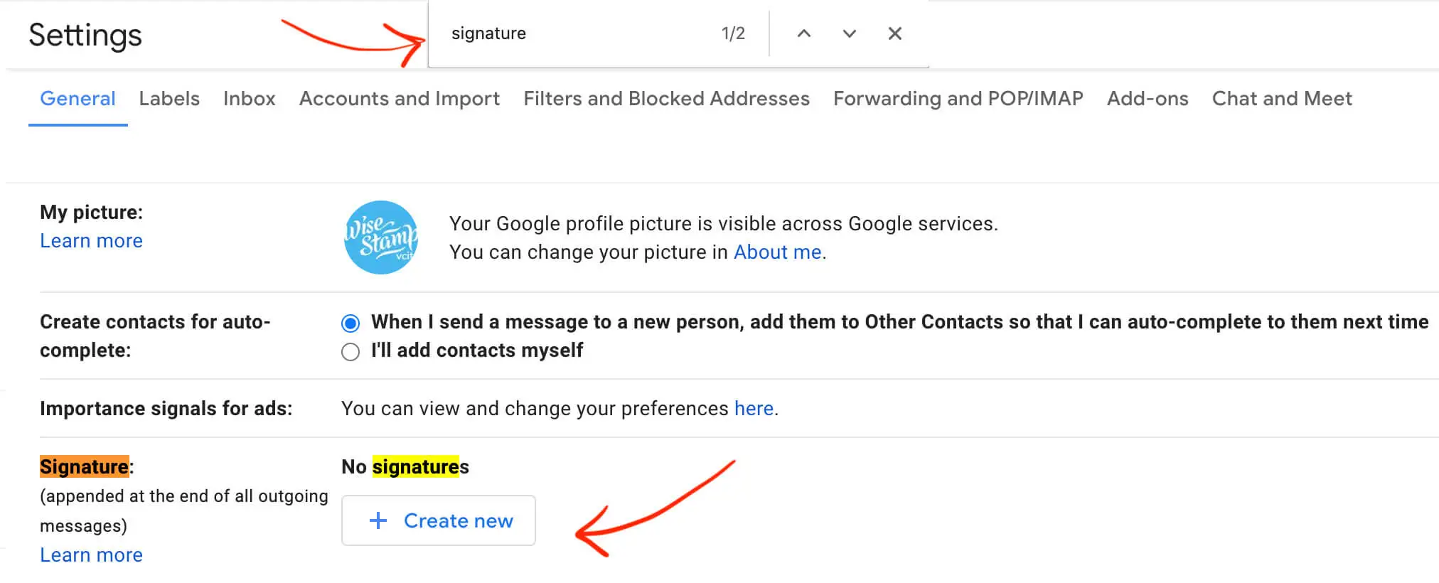 Add email signature in Gmail - Step 2 - Add new Gmail signature
