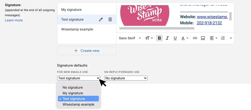 Create auto Gmail signature