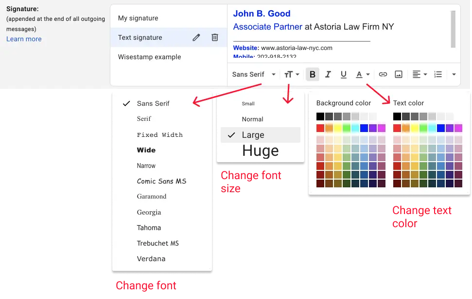 Edit Gmail signature - change font size, font color and font type