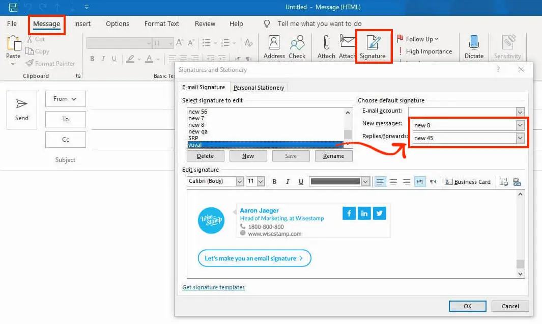 set auto signatures for outlook