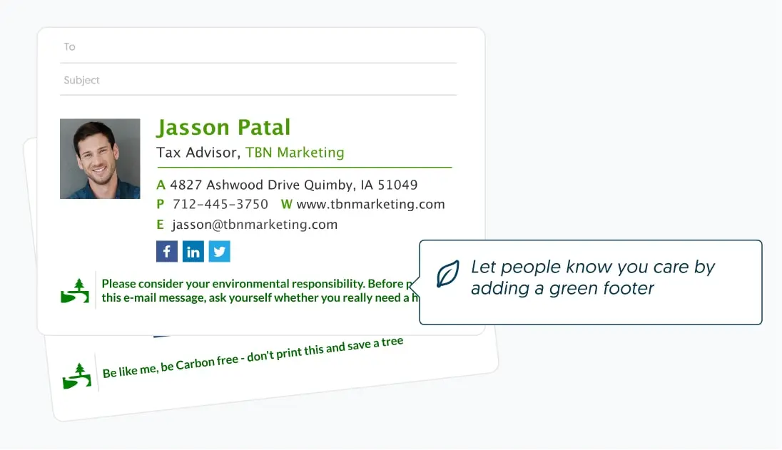 personal email signature example with green footer