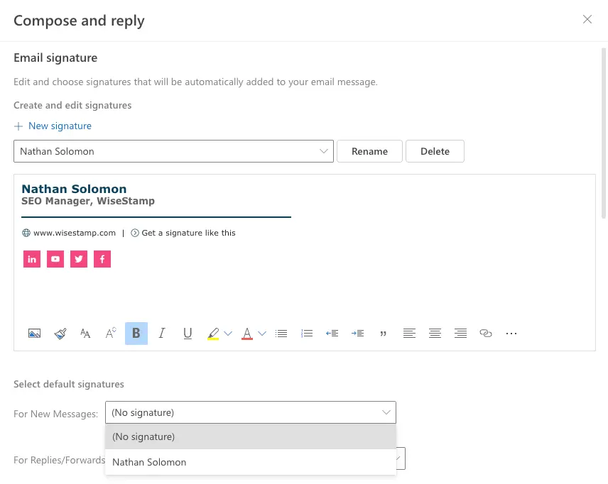 step 4 - set your outlook signature as default and more options