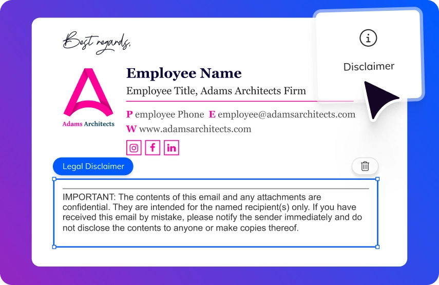 WiseStamp email signature solution with legal disclaimer for construction and architectures