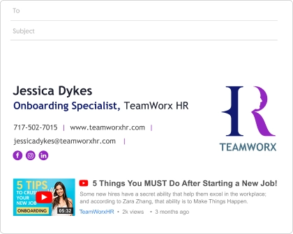 business services email signature example with a YouTube player