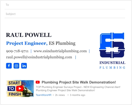 construction email signature example with a YouTube player
