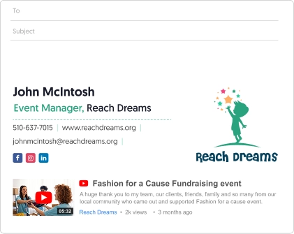 nonprofit email signature example with YouTube video