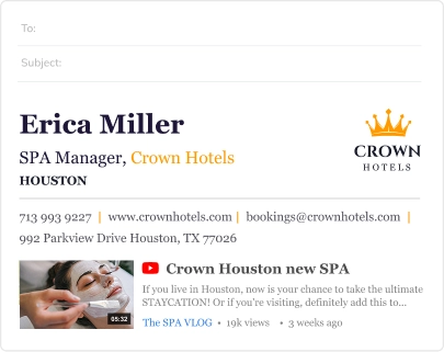 WiseStamp email signature for tourism example with YouTube player