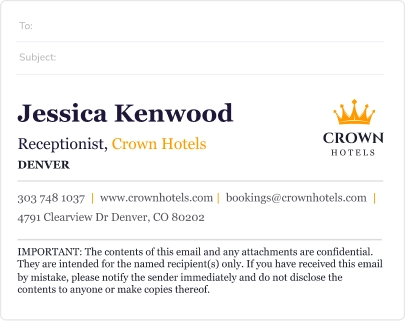 WiseStamp email signature for tourism example with legal disclaimer