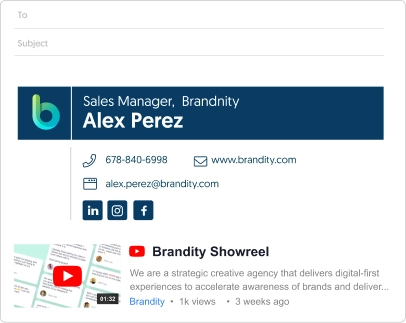 email signature for marketing studio example with a YouTube player
