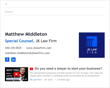 Law firm email signature example  with a YouTube player