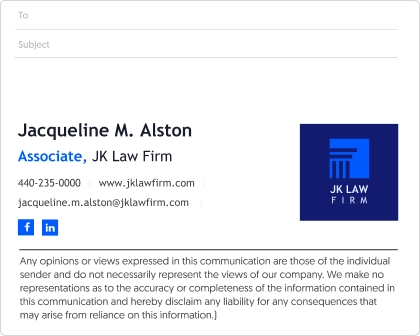 Law firm email signature example  with a legal disclaimer