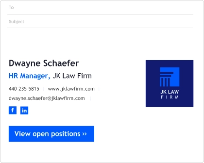 Law firm email signature example  with a open positions CTA