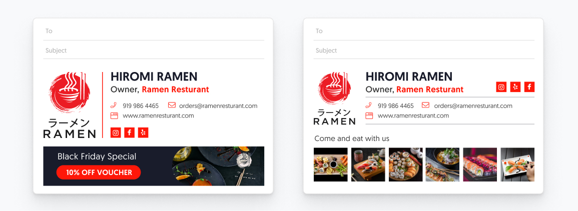 Vertical logo orientation in an email signature, shown with a promotional banner below