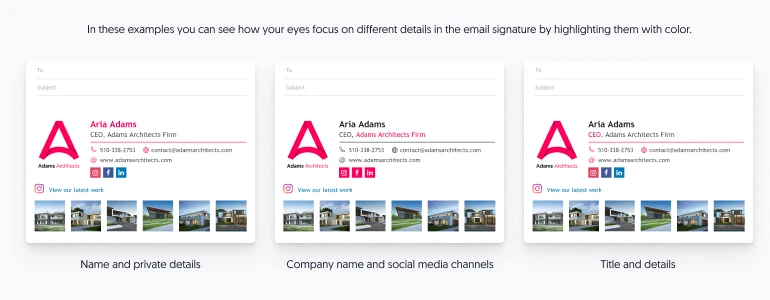 Email signature color highlights to focus attention