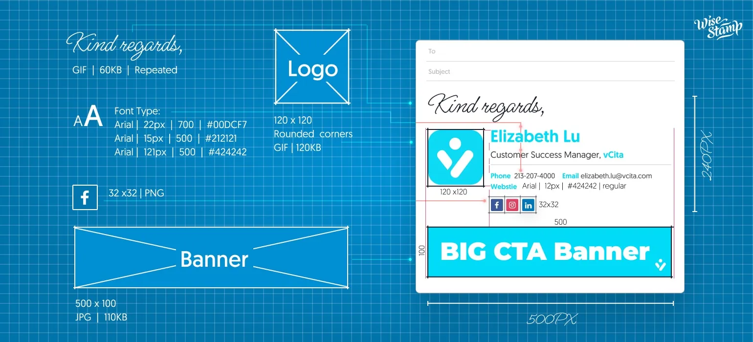 Email signature dimensions guide: 500-600px wide, 90-250px tall, 150-200px logo