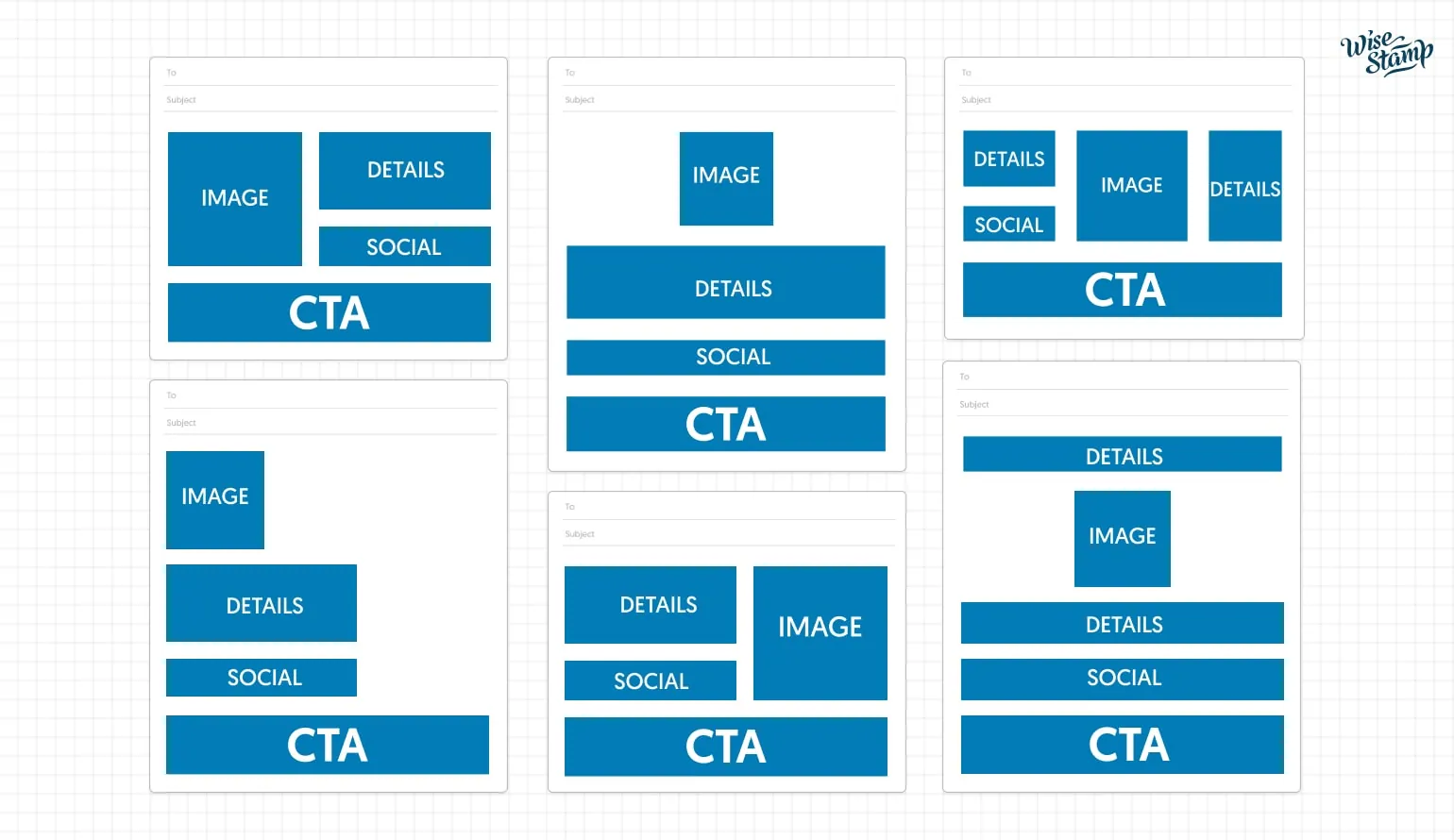 Email signature layout options: image-left, image-top, and image-right arrangements