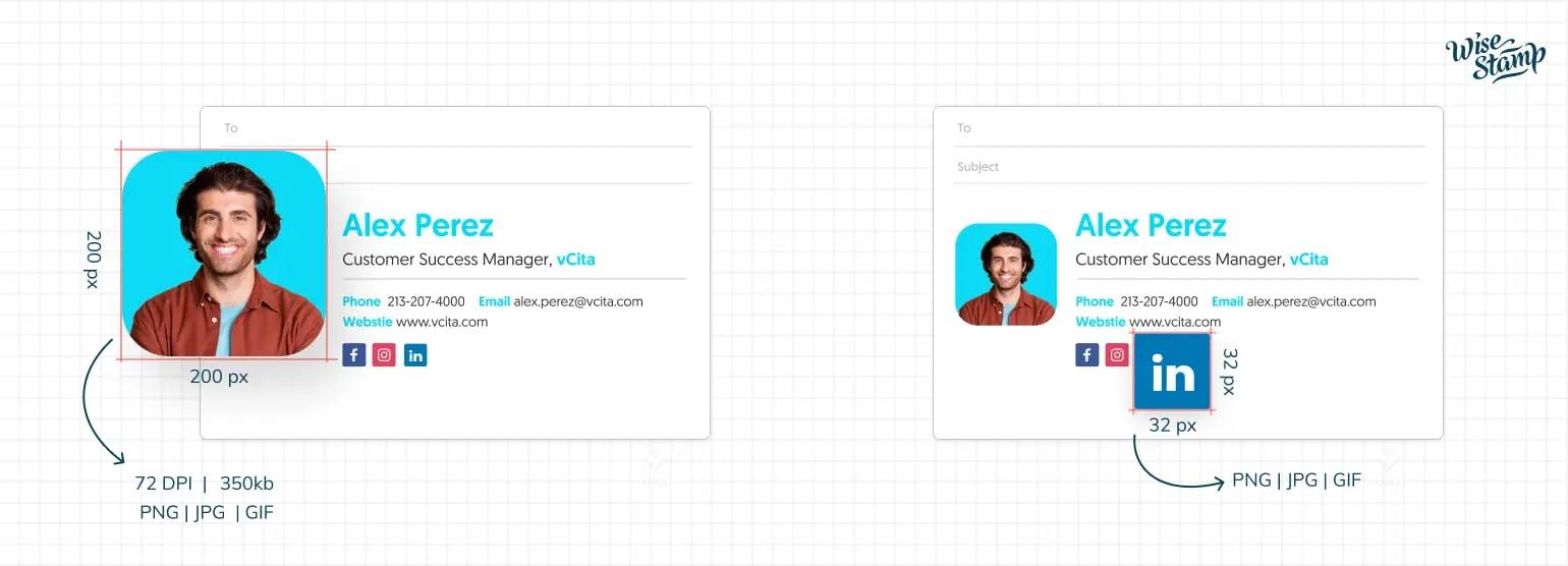 Email signature image specifications: 200px width, 72 DPI, 350KB max, PNG/JPG/GIF formats