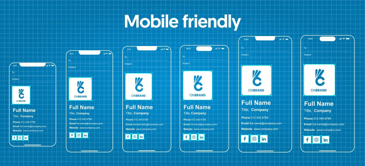 Mobile-friendly email signature scaling correctly across 6 different phone screen sizes